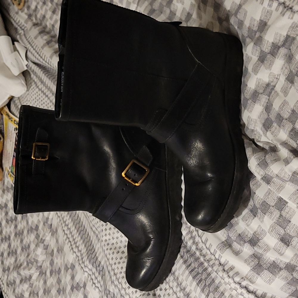 Clarks Minx Trish Black Leather Fur Boots Women's Size 6